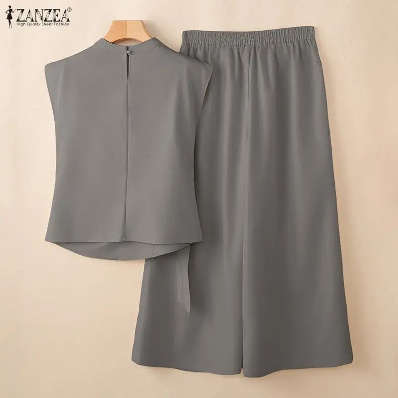 ZANZEA Summer Trousers Suit Short Sleeve Lace-Up Blouse Wide Leg Pant Sets Solid Color OL Work Outfit Fashion Women 2 Piece Sets