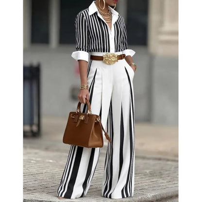 Spring Autumn Fashion Striped Printed Long Sleeve Shirt Women Suit Wide Leg Pocket Pants Female Office 2piece Set Including Belt