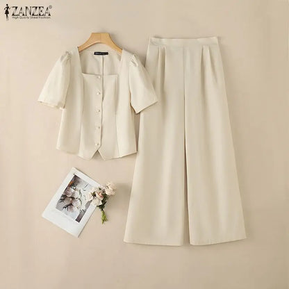2PCS Women OL Work Outfits ZANZEA Summer Square Neck Short Sleeve Blouse Wide Leg Pant Sets Solid Color 2 Pieces Sets Tracksuit