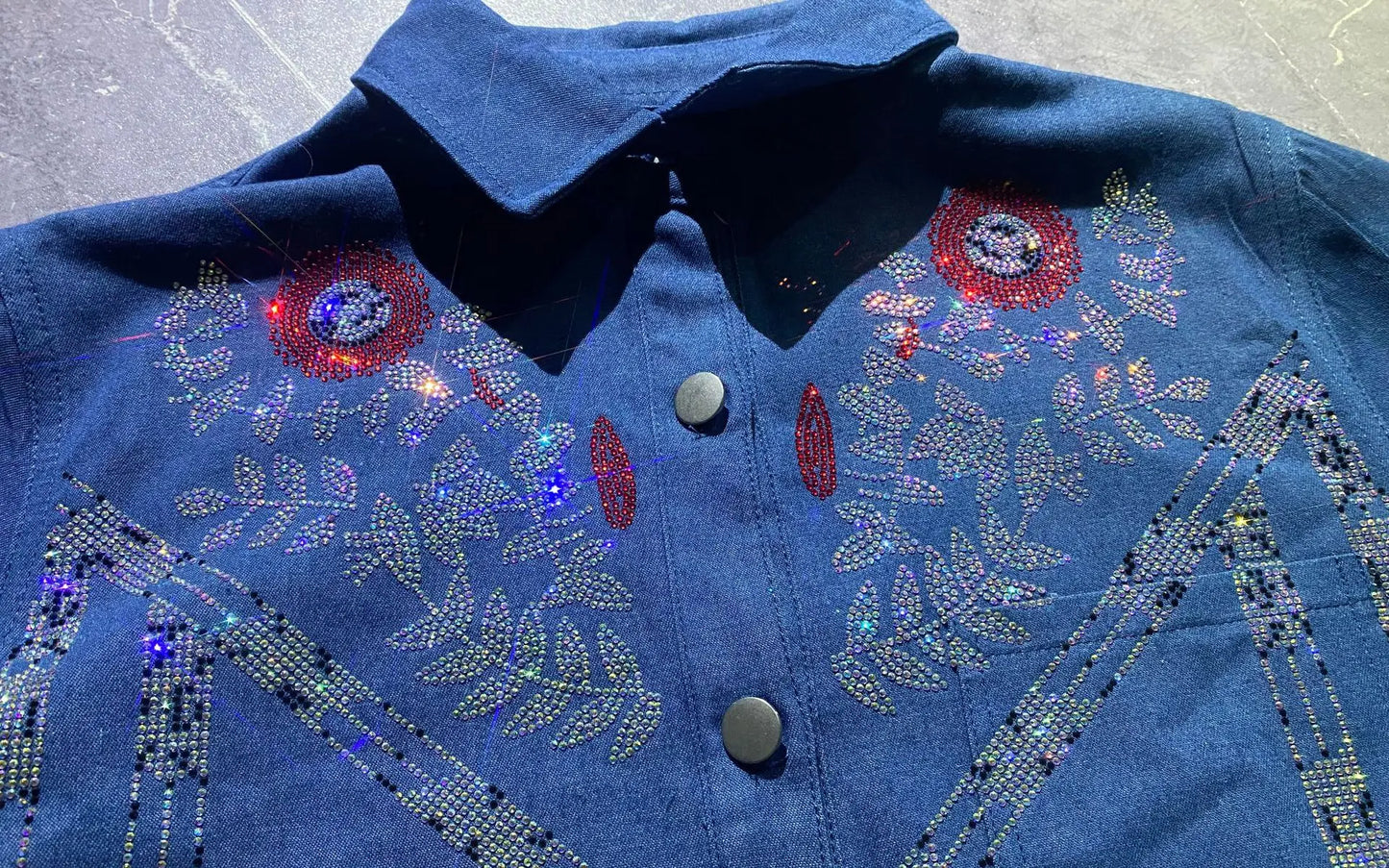 Sequins Flower Pattern Denim Turn Down Collar Short Sleeve T Shirt 2 Piece Set Woman Jeans Straight Leg Pant Set 2026 Summer