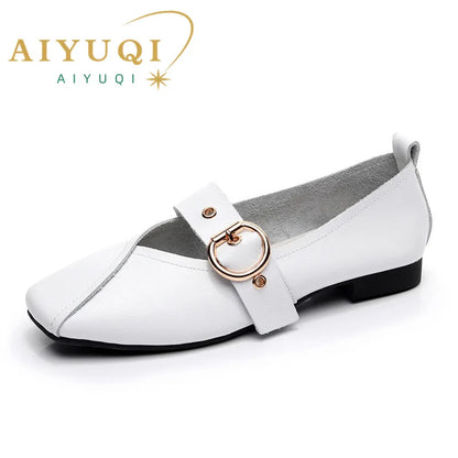 AIYUQI Women Shoes Fashion 2026 New Genuine Leather Ladies Flat Shoes Comfortable Square Buckle Large Size 414243 Shoes Women