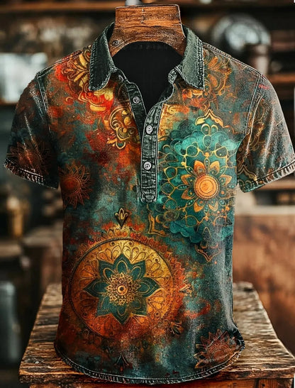 New American Retro Military Style Short Sleeved Polo Shirt with Red, Green, Black Camouflage Printed Casual Shirt