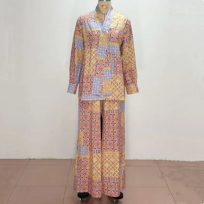 Elegant African Fashion Vintage Ethnic Printed Women Two Piece Set V Neck Long Sleeve Loose Top And Wide Leg Pants Set