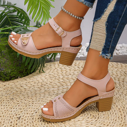 New Women's Chunky Heel Sandals Adjustable Buckle Strap Plus Size Shoes Solid Color Fashion Sandals Women Summer Comfort