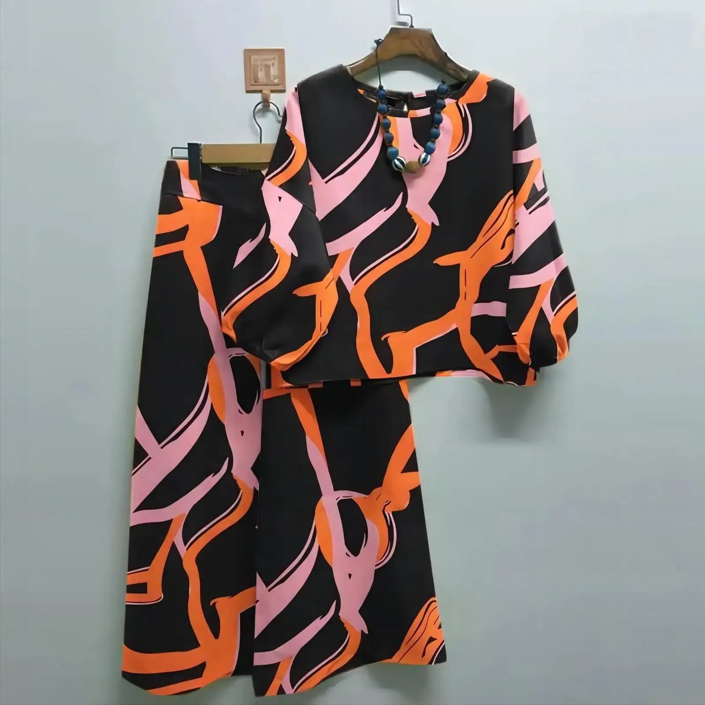 Print Suit Women Two Piece Pant Sets Long Sleeve Round Neck Tops Shirt Wide Leg Pants Loose Elegant Lady Bohemian Suits