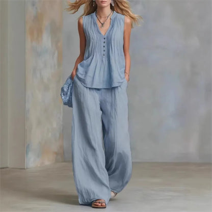 Fashion Pleated V-neck Sleeveless Women's Tops 2-piece Summer Casual Loose Wide-leg Trousers Female Elegant Office Trousers Set