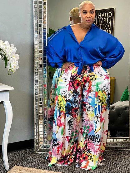 2piece Woman Outfit Streetwear Blue Silk Blouses Women Plus Size Autumn Top and Pants Suits 4xl Casual Female Pants Sets