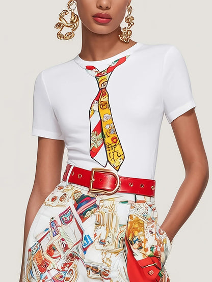 Spring Urban Patterns Printing Trousers Suit Women Round-neck Short Sleeve Tops+high Waist Straight Pants Autumn Two Piece Set