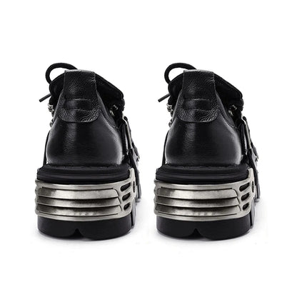 Platform Metal Punk Flats Cross Tied Buckle Single Shoes Zip Round Toe Gothic Runway Casual Women Shoes Goth Black Chunky