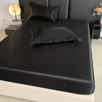 Summer Ice Silk Satin Fitted Sheet Solid Deep Pocket Mattress Cover Ultra Soft Wrinkle Resistant Bed Cover No Pillowcase For Sin