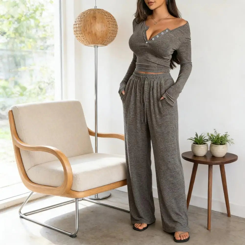 Button Up Crop Top & Wide Leg Pants Set, Women's Long Sleeve Matching Lounge Outfit Casual Fall Spring Tracksuits ﻿