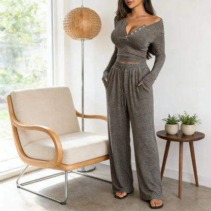 Button Up Crop Top & Wide Leg Pants Set, Women's Long Sleeve Matching Lounge Outfit Casual Fall Spring Tracksuits ﻿