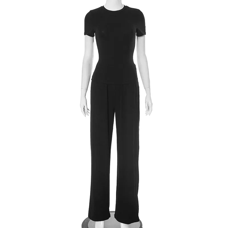 Casual Long Pants Suits Women O-neck Short Sleeve T-shirt Elastic Waist Trousers Set Spring Summer Solid Lady Household Clothes