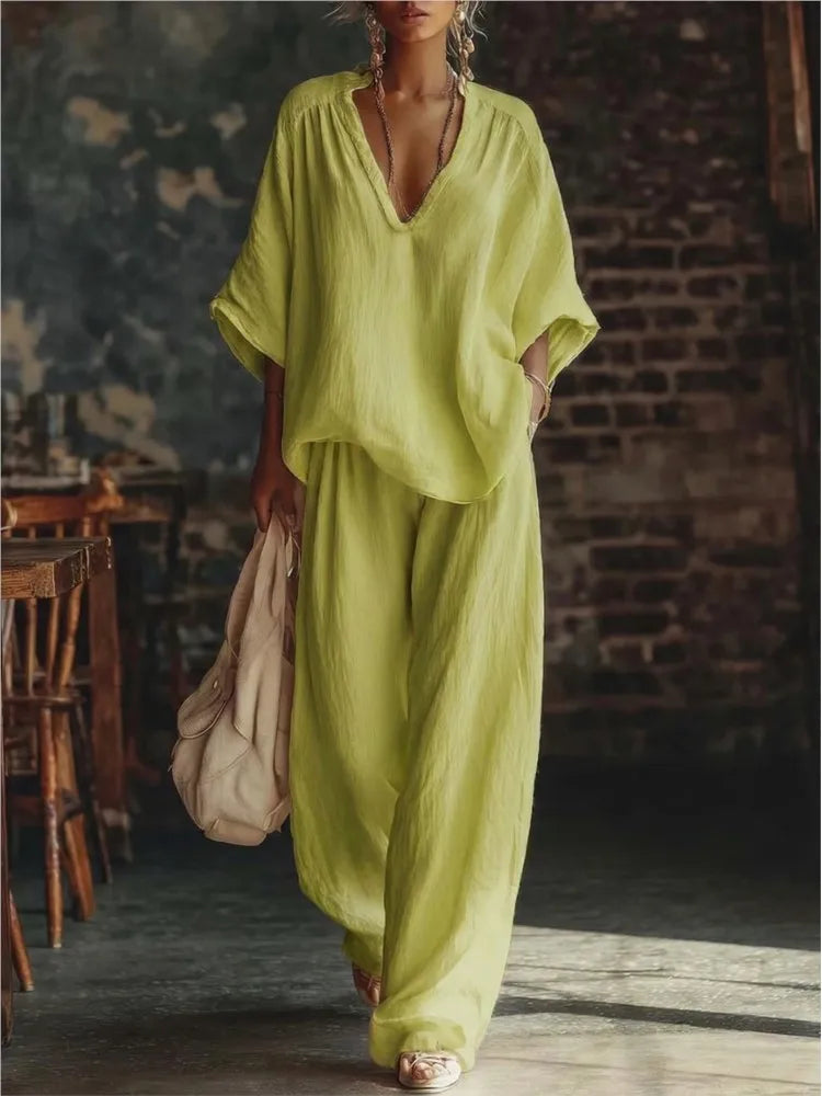 Fashion V-neck Short-sleeved Loose Top Women's Suit Summer New Casual Retro Female Vacation Lazy Trousers 2-piece Set 2026