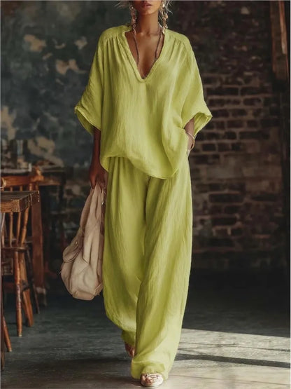 Fashion V-neck Short-sleeved Loose Top Women's Suit Summer New Casual Retro Female Vacation Lazy Trousers 2-piece Set 2026