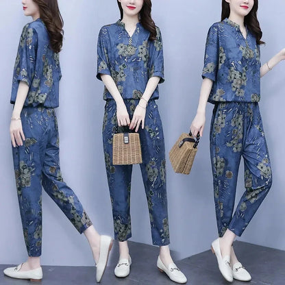 2026 New Korean Sets Women Summer Loose Short Sleeves Printing Tops+ Elastic Waist Pants 2PCS Female Retro Casual Suit Lady 5XL