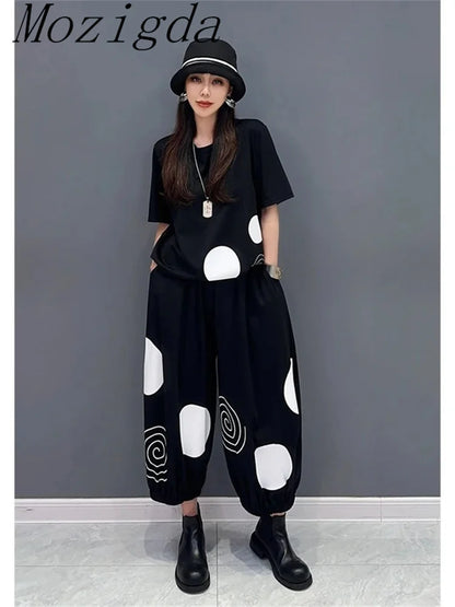 Polka Dot Striped Print 2 Two Piece Set Women Summer Casual Fashion Short Sleeve Ladies T-Shirts Loose Wide Leg Woman Pants