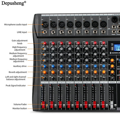 Audio Mixer 6/8/12 Channels Professional DJ mixer LR microphone/line input, AUX,FX processor MP3, headphones, +48V Phantom