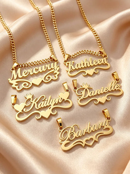 Personalized custom name jewelry necklace, featuring 5 different styles, crafted from 18k gold stainless steel, perfect for ever