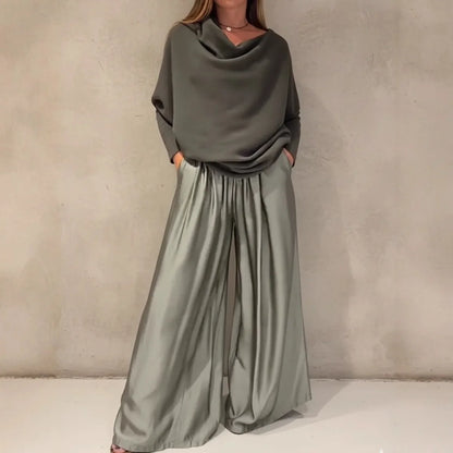 Fashion 2 Pieces Sets Women Elegant Off-shoulder Loose Tops And Satin Wide Leg Pants Sets 2026 Spring Casual Suit Woman Clothes