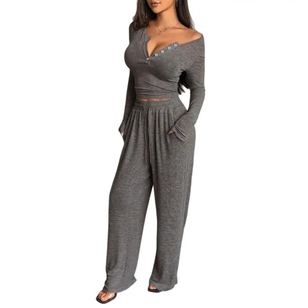 Button Up Crop Top & Wide Leg Pants Set, Women's Long Sleeve Matching Lounge Outfit Casual Fall Spring Tracksuits ﻿