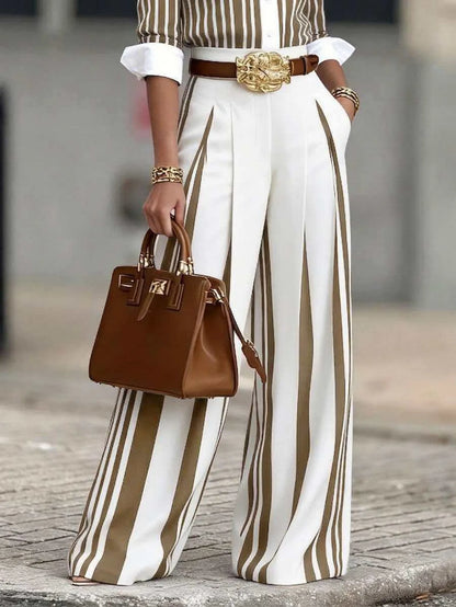 Women Fashion 2-Piece Set Striped Button Down Long Sleeves Shirt High Waist Striped Wide Leg Pants Elegant Office Outfit