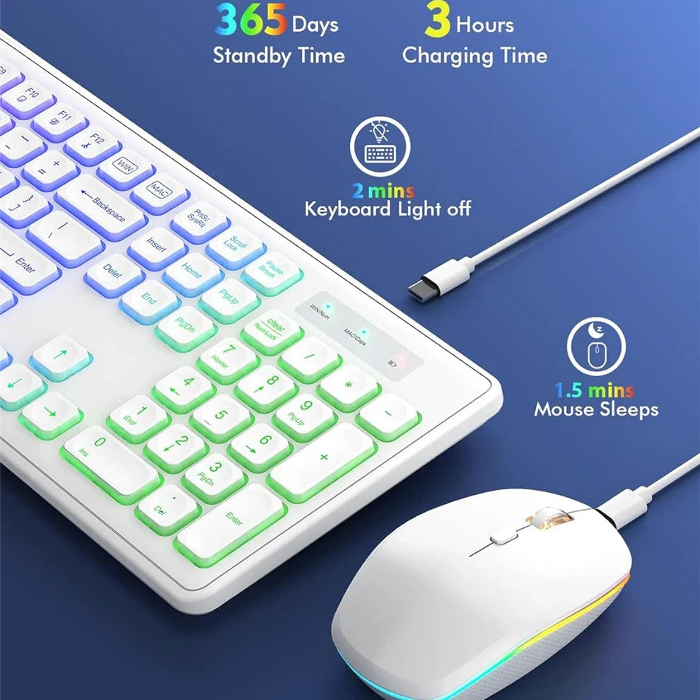 USB Wireless Keyboard and Mouse Set RGB Backlit Rechargeable Light Up Letters Full-Size Wireless Keyboard for Computer