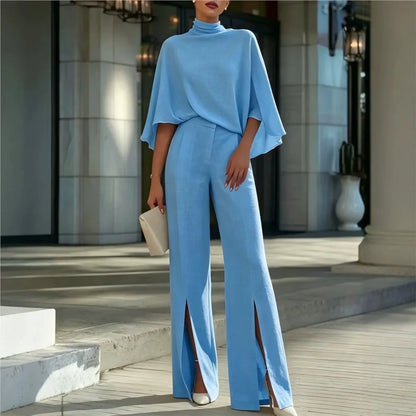 Autumn Women's Half Turtleneck Shawl Top Fashion Slit Wide Leg Trousers 2piece Suit Elegant Slim Fit Female Office Trousers Suit