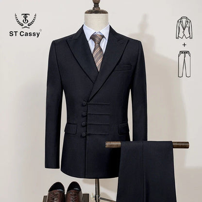 ST Cassy Elegant Men Suit for Wedding Slim Fit Double Breasted Multiple Buttons Casual Business Man 2 Piece Set Party Outfit