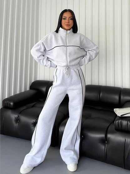 2026 New Cross-Border European American Amazon Casual Set: Long-Sleeve Semi-High-Neck Cardigan Sweatshirt With Tie And Striped