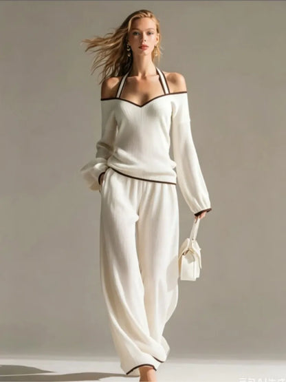 Women Sexy Off-shoulder Long-sleeved T-shirt Trousers 2piece Set Fashion Loose Elegant Color-blocked Pocket Trousers Female Suit