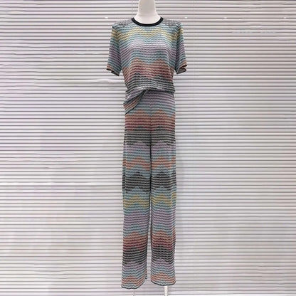 CHUJIE 2026 Summer New, Stylish And Versatile, Round Neck Colorful Contrast Striped, Short-sleeve Knitted Top + Trousers Set