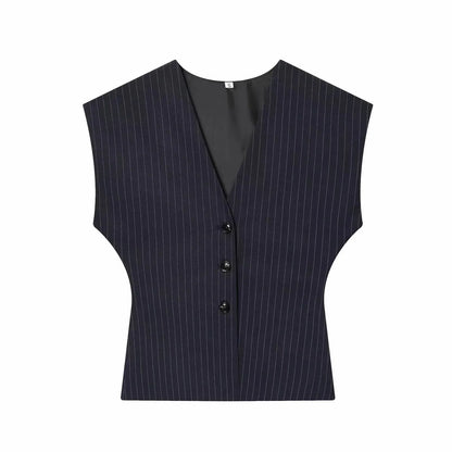 Women Fashion 2-Piece Set Single-breasted Sleeveless V-Neck Pinstripe Vest+Summer Pleated Loose Pocket Belt Zipper Pants