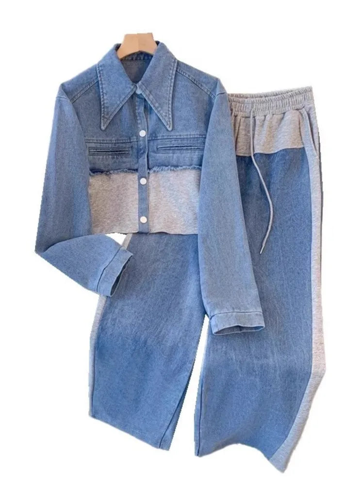 Blue Patchwork Pants Sets Women Fashion Long Sleeve Single-breasted Short Jacket Straight Trousers Two Piece Set Female New
