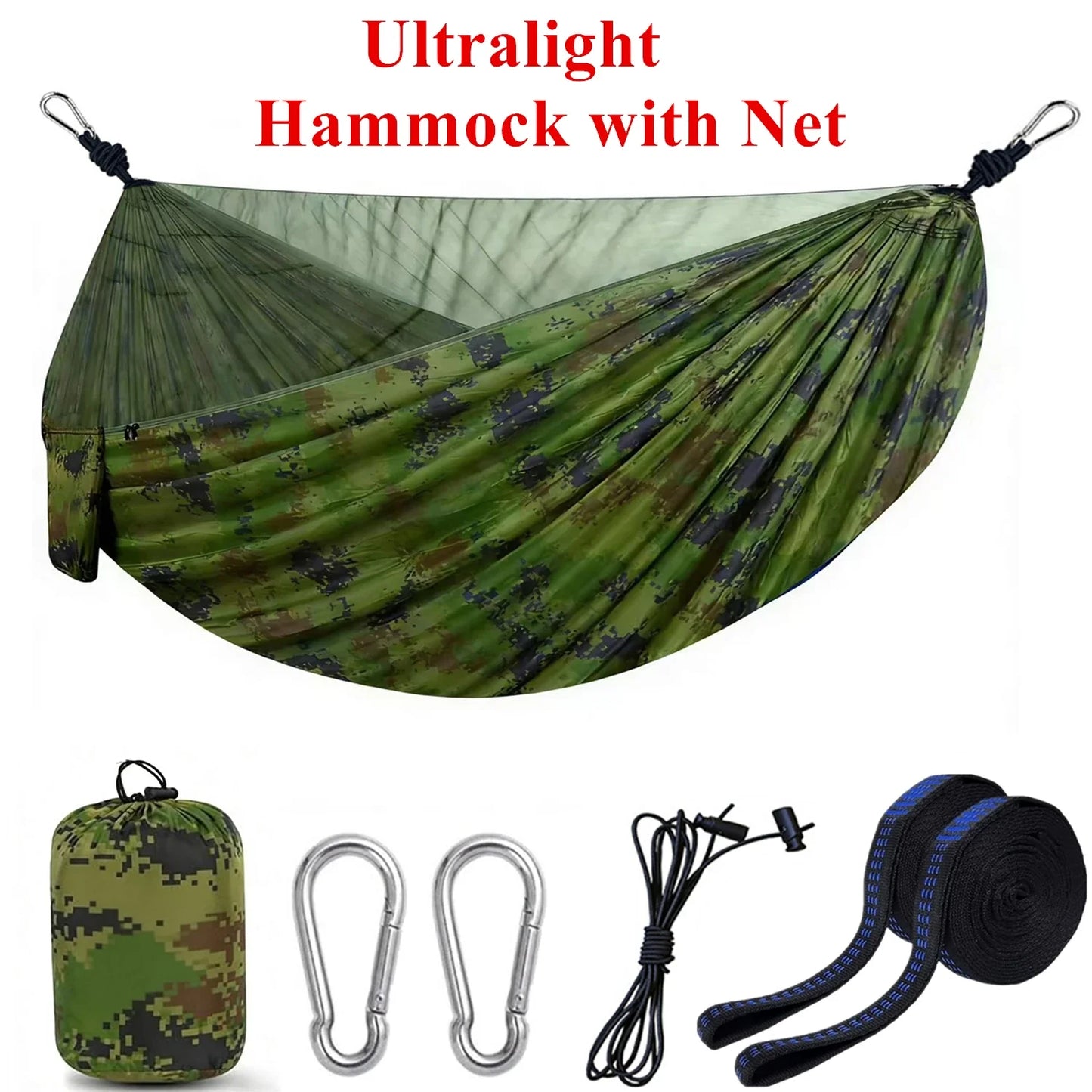 Camping hammock with mosquito net, portable outdoor hammock with mosquito net, equipped with 2 straps and hooks, suitable for travel, backyard, beach, and other outdoor activities