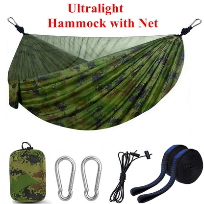 Camping hammock with mosquito net, portable outdoor hammock with mosquito net, equipped with 2 straps and hooks, suitable for travel, backyard, beach, and other outdoor activities