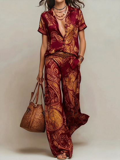 Women's Boho Paisley Print Two-Piece Set V-Neck Short Sleeve Blouse Top Wide Leg Pants Casual Loose Suit for Vacation
