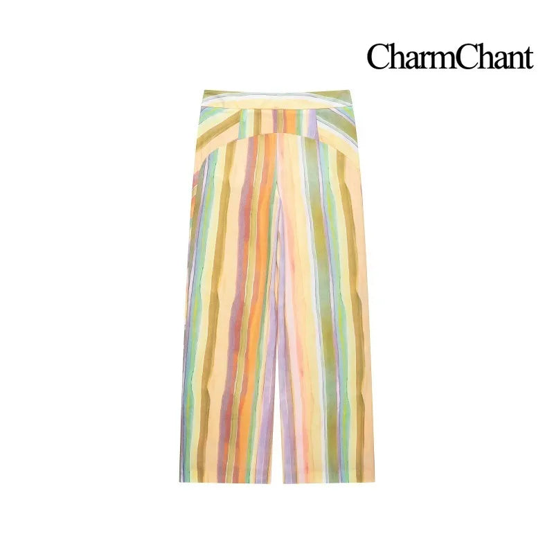 CHARMCHANT Women's Colorful Stripe Two Piece Outfit Halter Backless Tie Top Wide Leg Trousers Holiday Matching Suit Summer 2026