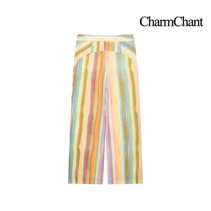 CHARMCHANT Women's Colorful Stripe Two Piece Outfit Halter Backless Tie Top Wide Leg Trousers Holiday Matching Suit Summer 2026