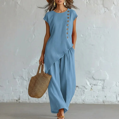2026 Women 2 Piece Set Elastic Waist Pocket Button Decorate Wide Leg Pants+Solid Blouse Suit Casual Top Trousers Lady Outfits