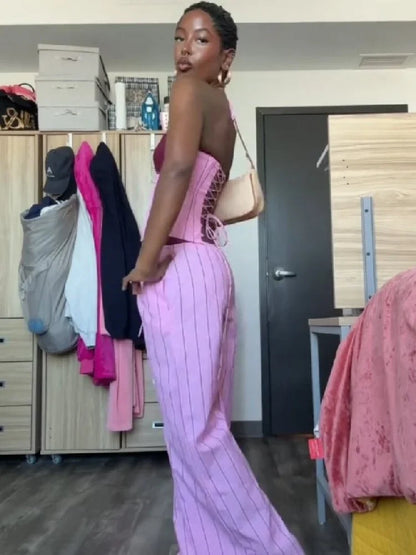 Fashion Striped Sling Pants Set Women Chic Patchwork Lace Up Halter Backless Blouse Suit Summer Holiday Daily Street Outfit 2026
