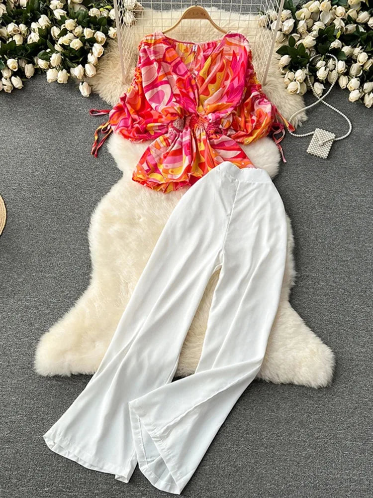 New Summer Women's Fashion Set Beach Vacation Short Sleeve V-neck Waist Loose Shirt Wide Leg Pants Two Piece Set  A77