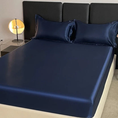 Summer Ice Silk Satin Fitted Sheet Solid Deep Pocket Mattress Cover Ultra Soft Wrinkle Resistant Bed Cover No Pillowcase For Sin