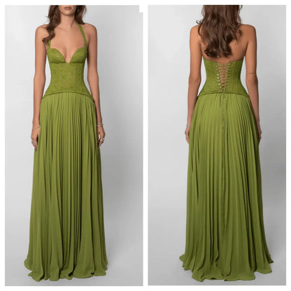 Green Corset Halter Long Dress Women Backless Off Shoulder Pleated Patchwork Slim Maxi Dress 2026 Summer Lady Party Evening Gown