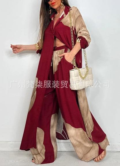 Fashion Loose Printed Long Sleeve 2-piece Set Women's Single-breasted Cardigan Robe Wide-leg Pants Casual Two-piece Outfit Woman
