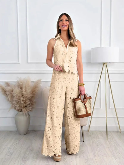 Fashion Lace Embroidered Cardigan Vest Tops + Wide-leg Trousers 2-piece Summer New Chic Elegant Women OfficeLong Pants Suit 2025