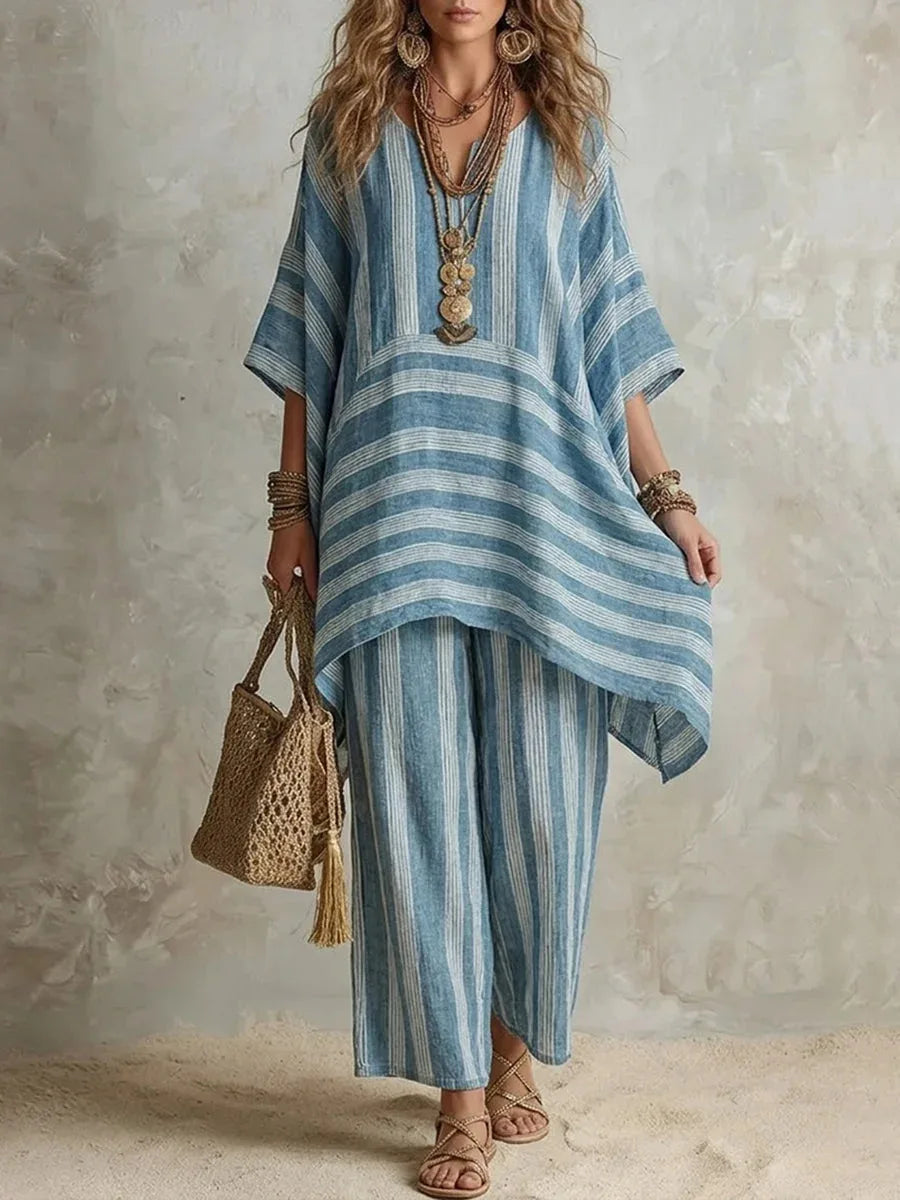 2026 New Women's Two Piece Spring/Summer Fashion V-neck Loose Striped Casual Set