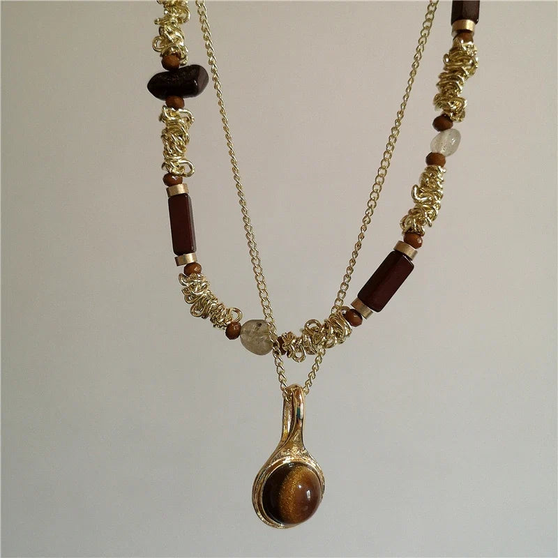 Vintage Leather Brown Stone Sun Pendant Beaded Choker Clavicle Chain Necklace For Women Unique Y2K Personalized Grunge Jewelry