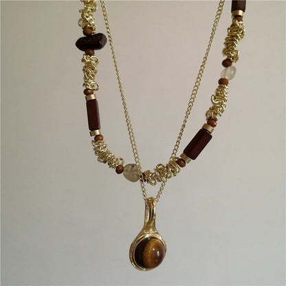Vintage Leather Brown Stone Sun Pendant Beaded Choker Clavicle Chain Necklace For Women Unique Y2K Personalized Grunge Jewelry