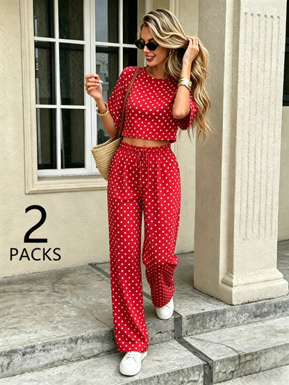 Women Polka Dot 2 Pcs Summer Set Short Sleeve Crop Top Drawstring Wide Leg Pants, Vacation Streetwear Matching Outfits